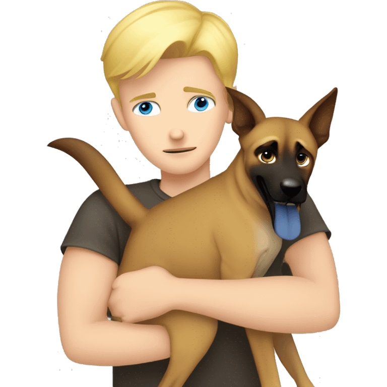 blond boy with blue eyes who hugs his Malinois tightly because he is afraid  emoji