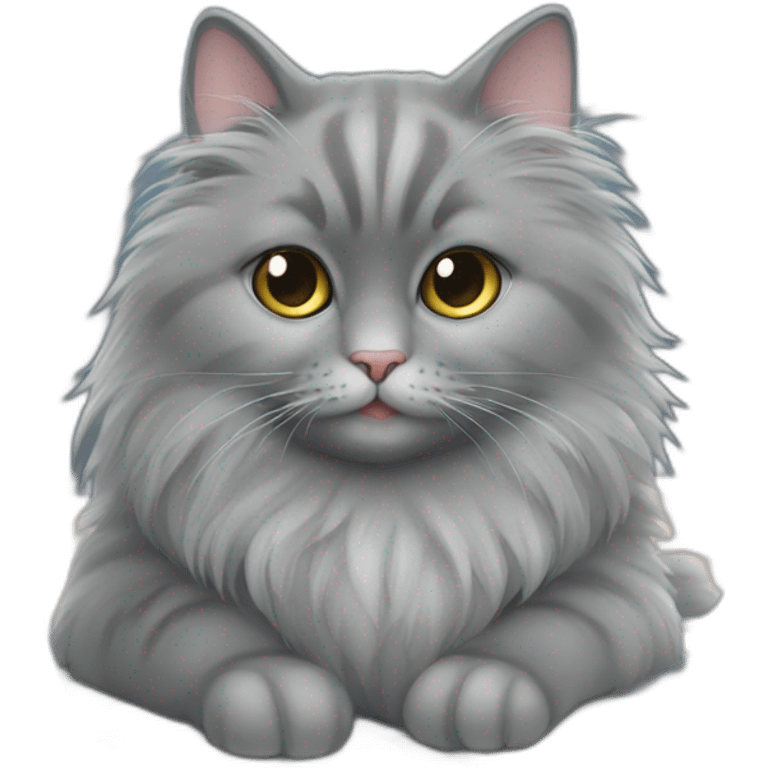 Fluffy grey cat sitting next to the MacBook emoji