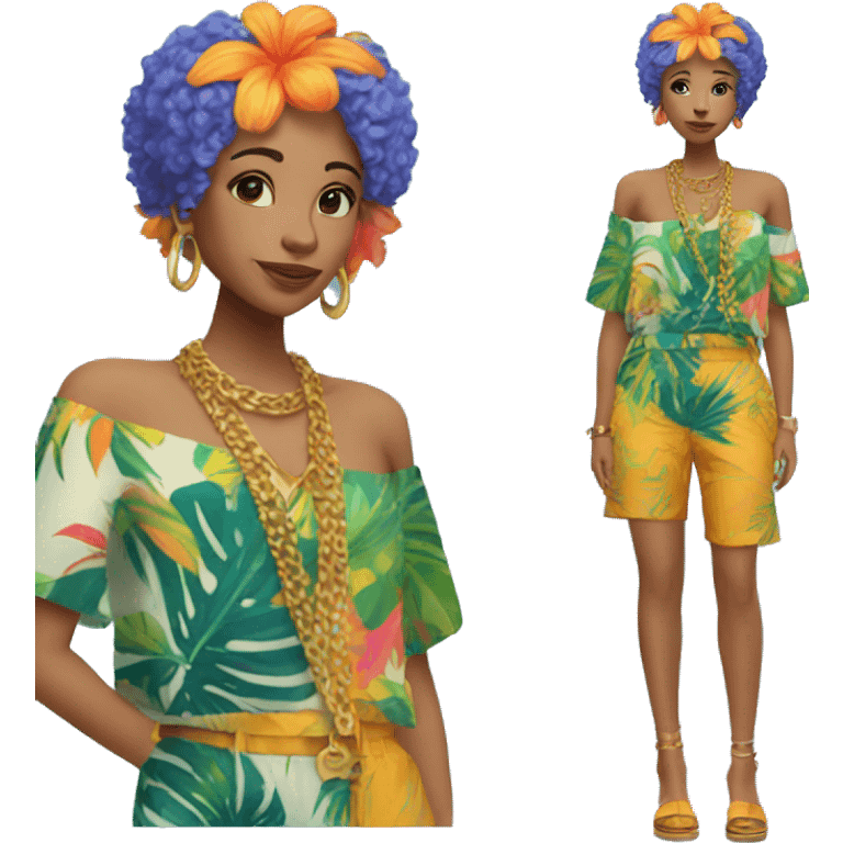 Person wearing funky tropical outfit collage with gold chain necklace and blue and ginger dyed hair emoji