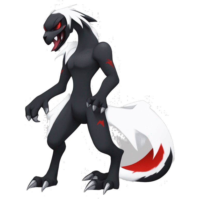 Black Cool Edgy Absol-Houndoom-Garchomp-Luxray Fakémon Digimon with Red and white Edgy markings, full body, outlined emoji