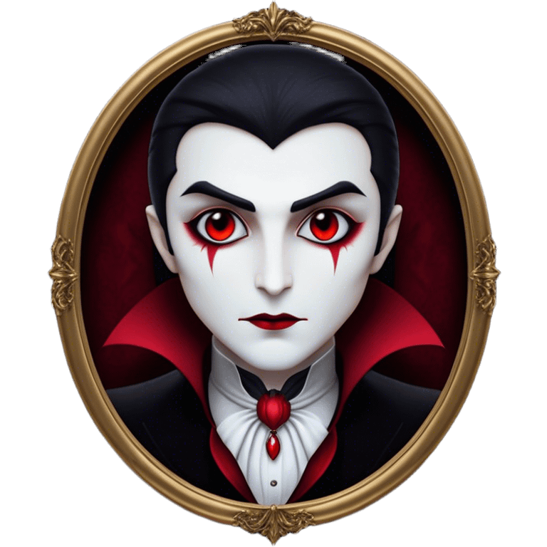 Cinematic Noble Vampire Portrait Emoji, Elegant and commanding, with a refined, pale visage framed by dark, velvet accents and a hint of crimson, exuding timeless seduction and dangerous allure, simplified yet exquisitely detailed, glowing with a soft nocturnal radiance and a subtle, mysterious outline that captures the regal spirit of an immortal lord of the night! emoji