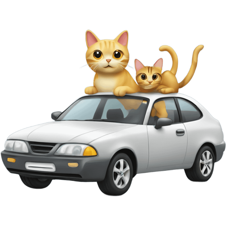 A cartoon emoji-style car with a cat sitting on the open hood, holding a wrench and smiling emoji