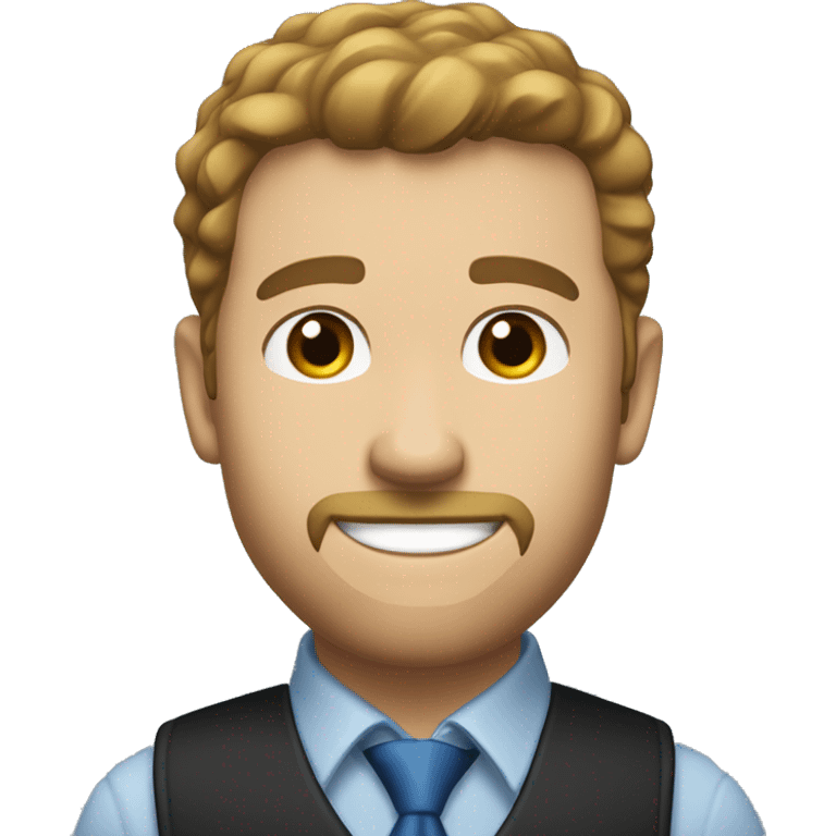 A white man who looks about 25 years old, light-skinned with well-groomed brown hair and a slight goatee. He is wearing a blue shirt, a gold tie, and a black vest. He is smiling. emoji