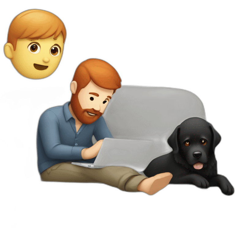 a man with a red beard sits working on a laptop on the sofa with a black Labrador emoji