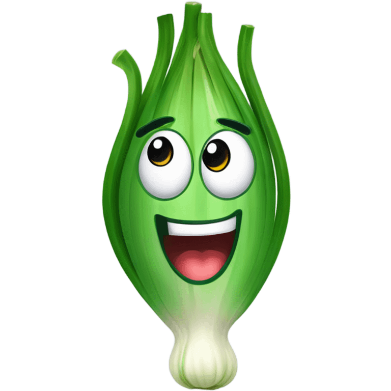 Cheerful green onion with big expressive eyes, a wide smile, and a few green stalks on top. Designed in a cute, cartoonish style with vibrant colors. emoji