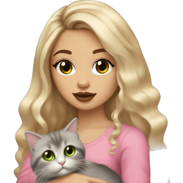 Girl, Blonde colored hair, long hair, Brown Green eyes, wearing false lashes, big pink lips with gloss on it, wearing gold earings, skin tone is Coffee, in her arms Holding a Grey ragdoll cat emoji