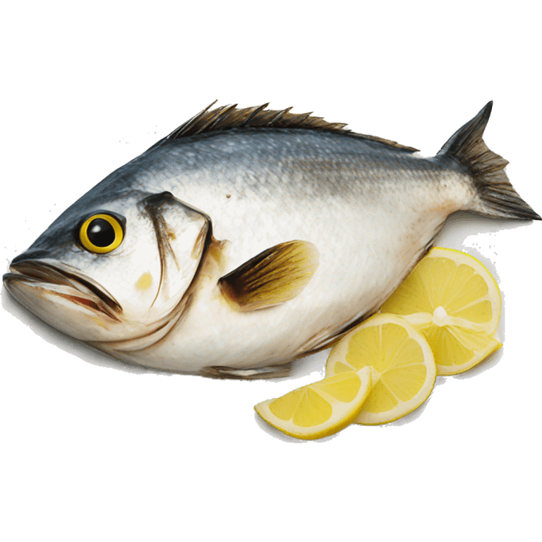 Realistic plated grilled fish on plate with lemon emoji