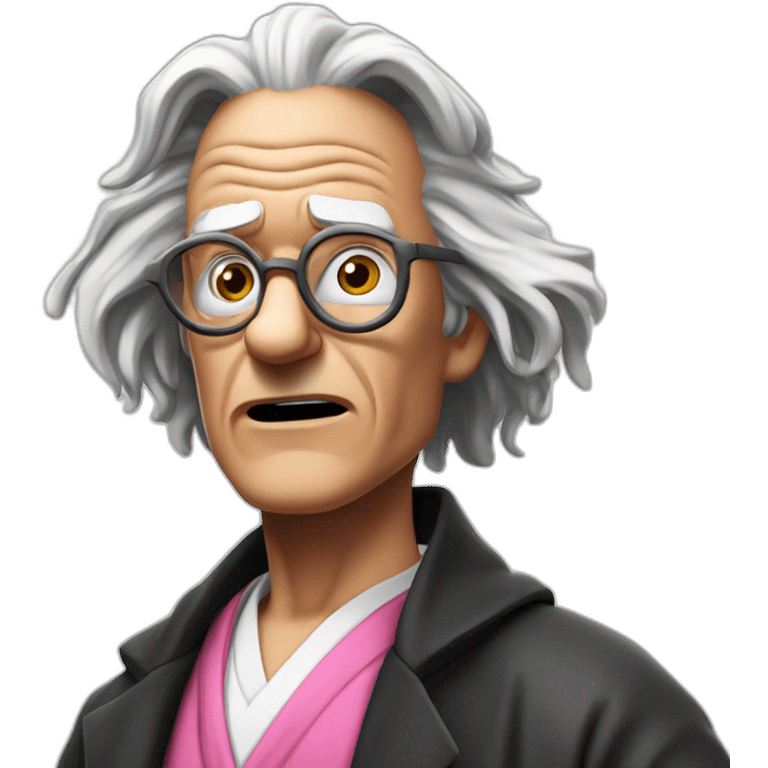 Doc Brown looking shocked and his mouth wide open. No eye-ware. Wearing a dark-silver bathrobe with black trim. Underneath the rob, he is wearing a pink collard-shirt with a white necktie. emoji