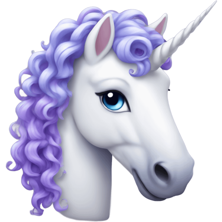 white unicorn with purple curly hair and blue eyeshadow  emoji