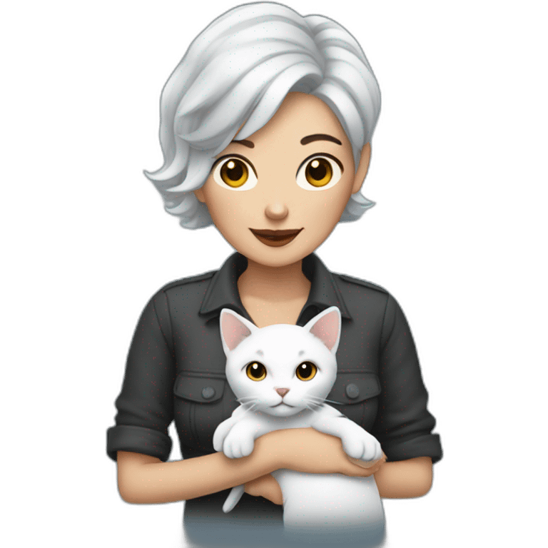 short gray hair tattooed woman with a white cat in her hand emoji