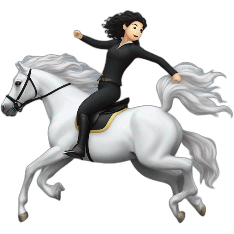 a  JET BLACK HORSE JUMPING AN OBTACLE, tHE HORSES RIDER IS A YOUNG FEMALE WITH LONG CURLY BRUNNET HAIR emoji