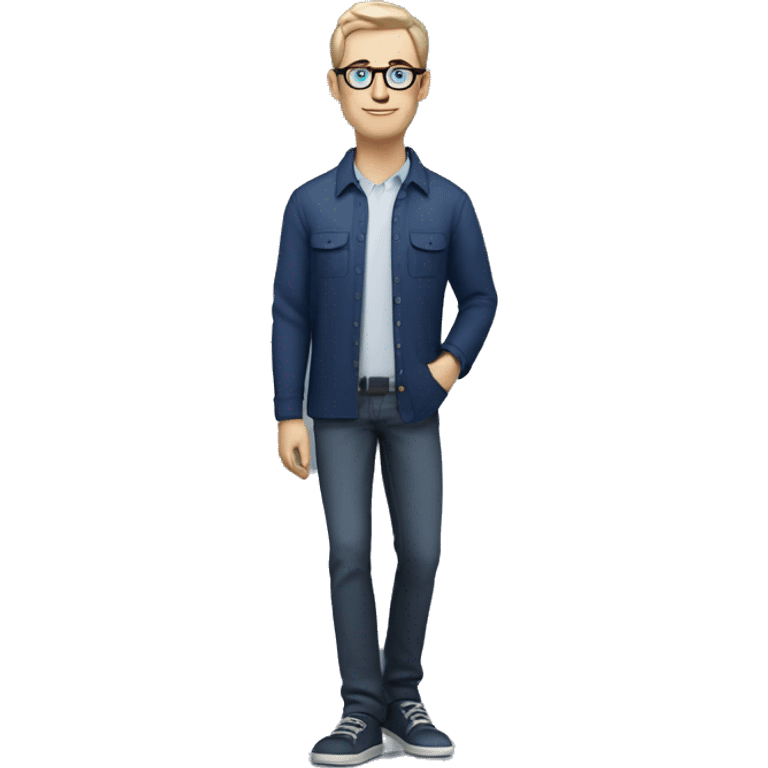 caucasian white man with dark hair, blue glasses, and carrying design plan because he is an architect and a pencil and a set model maquette. wearing a navy blue long sleeve shirt. smart.  emoji