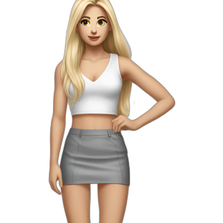 hyperrealistic caucasian blonde, long straight hair, white deep v-neck crop tanktop, gray tight mini skirt emoji