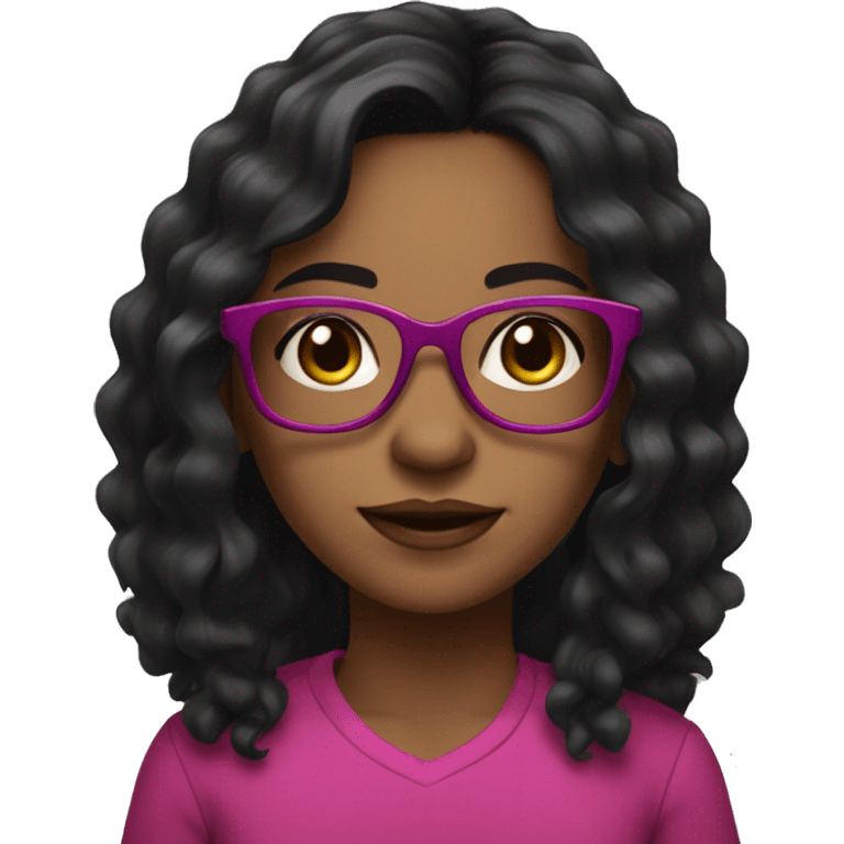 Girl with long wavey black hair and brown skin and brown eyes and fuchsia and black glasses emoji