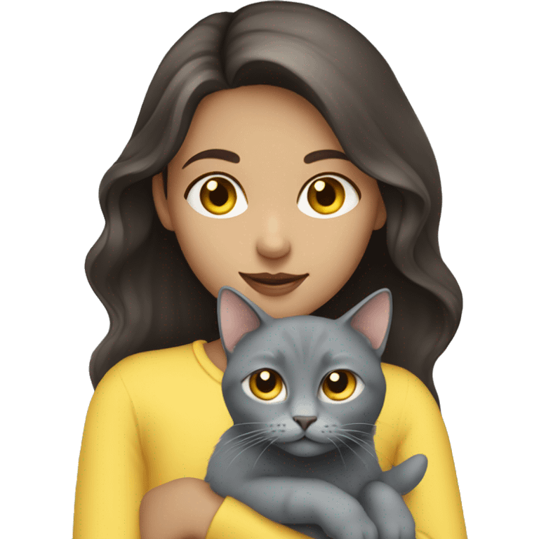 Girl with long dark brown hair and blue eyes holding a gray cat with yellow eyes emoji