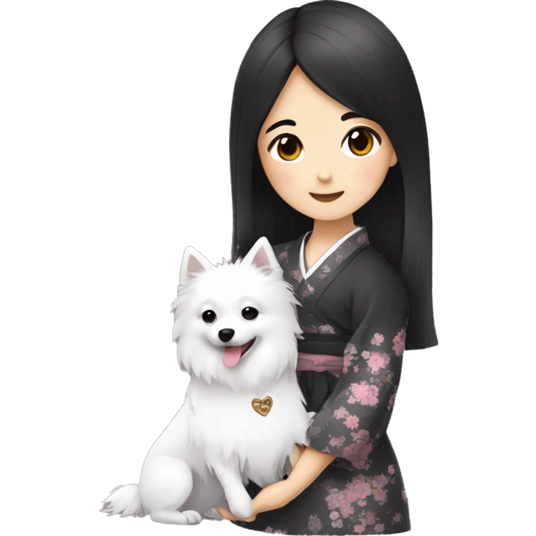 Japanese spitz dog hug black hair girl with dress emoji