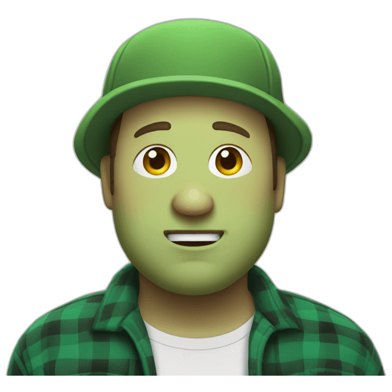 Kevin James wearing a green flannel and shrugging smirking while looking into the camera emoji