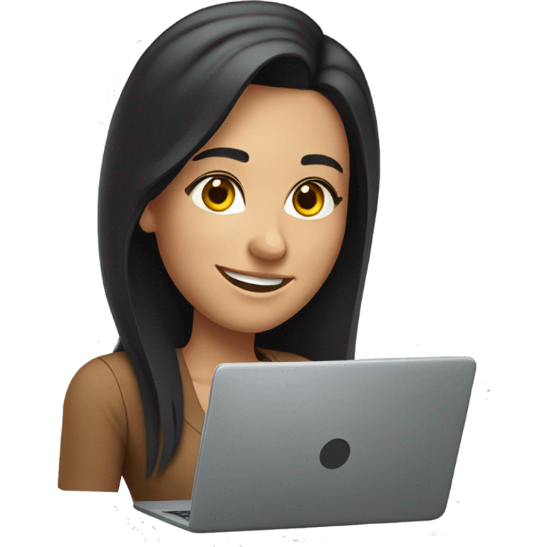 caucasian woman with long dark hair and freckles with laptop and pencil smiling emoji