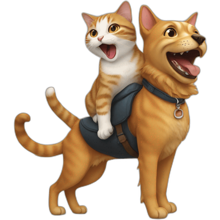 Cat riding a dog while laughing emoji