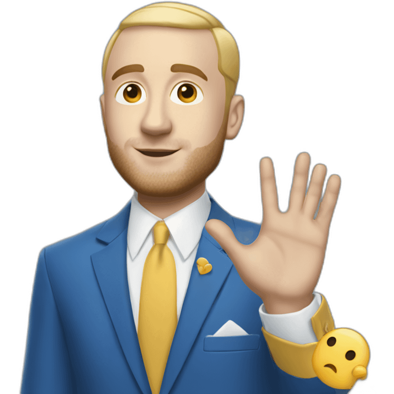 mac miller waving his hand with a blonde comb over skin fade wearing a blue suit emoji