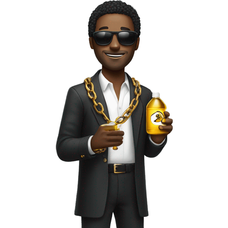 black man with a big chain and sunglasses holding a bottle of oil emoji