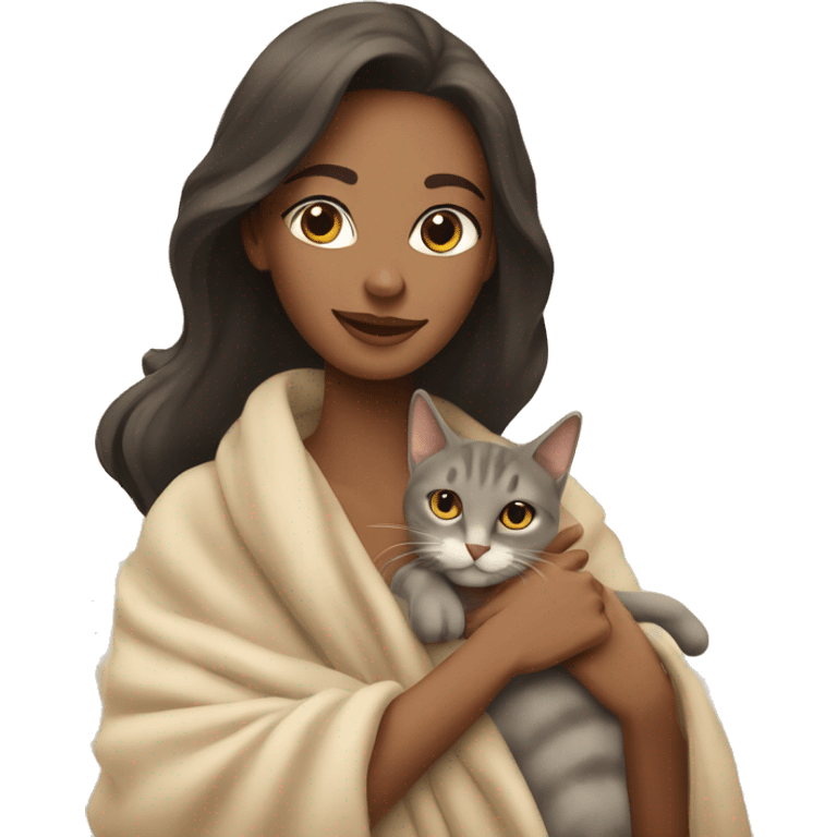 pretty woman petting cat in beige blanket emoji