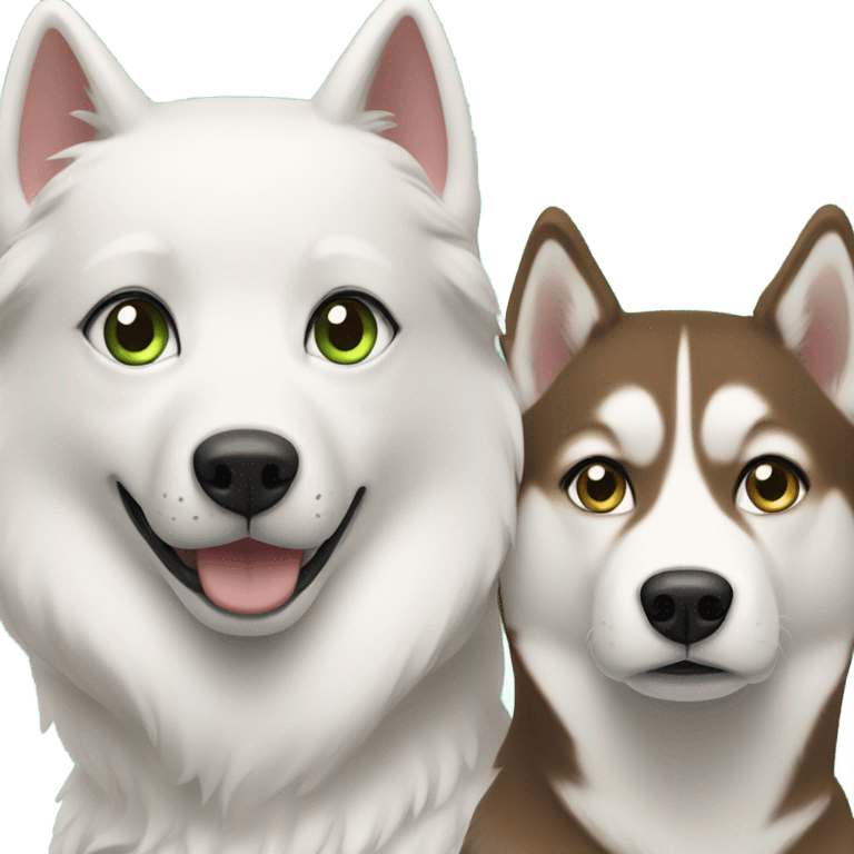 White Woman hair brown and bleus eyes and golden Husky With green eyes emoji