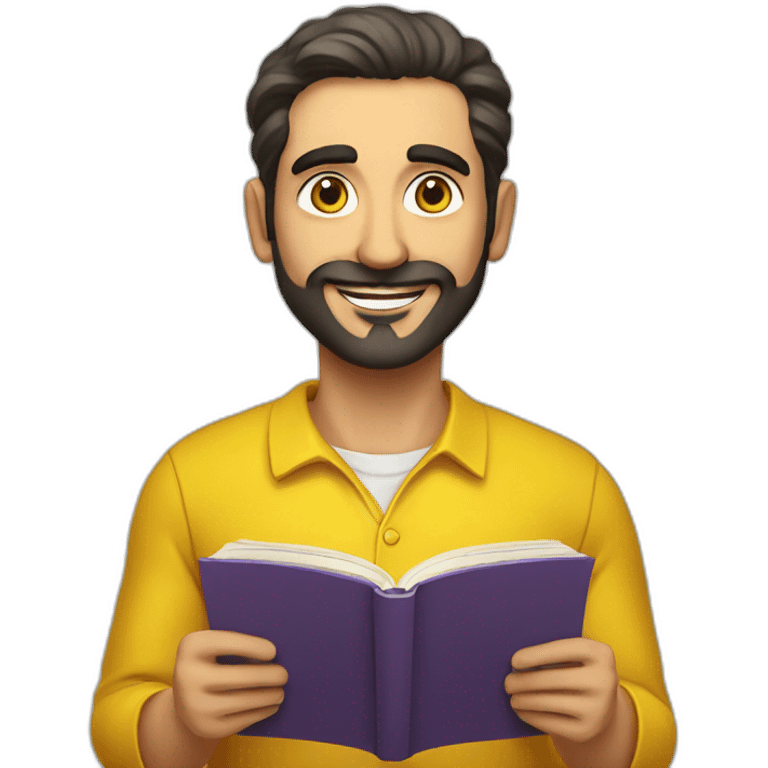 Armenian men with the yellow clothes reading book and looking at camera and smiling  emoji