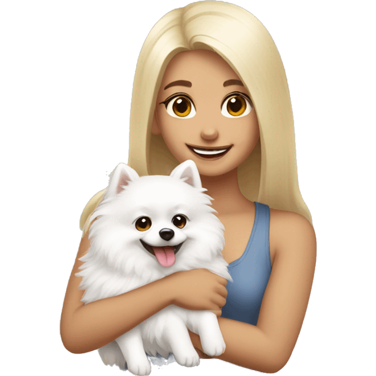 girl smiling hug white pomeranian emoji