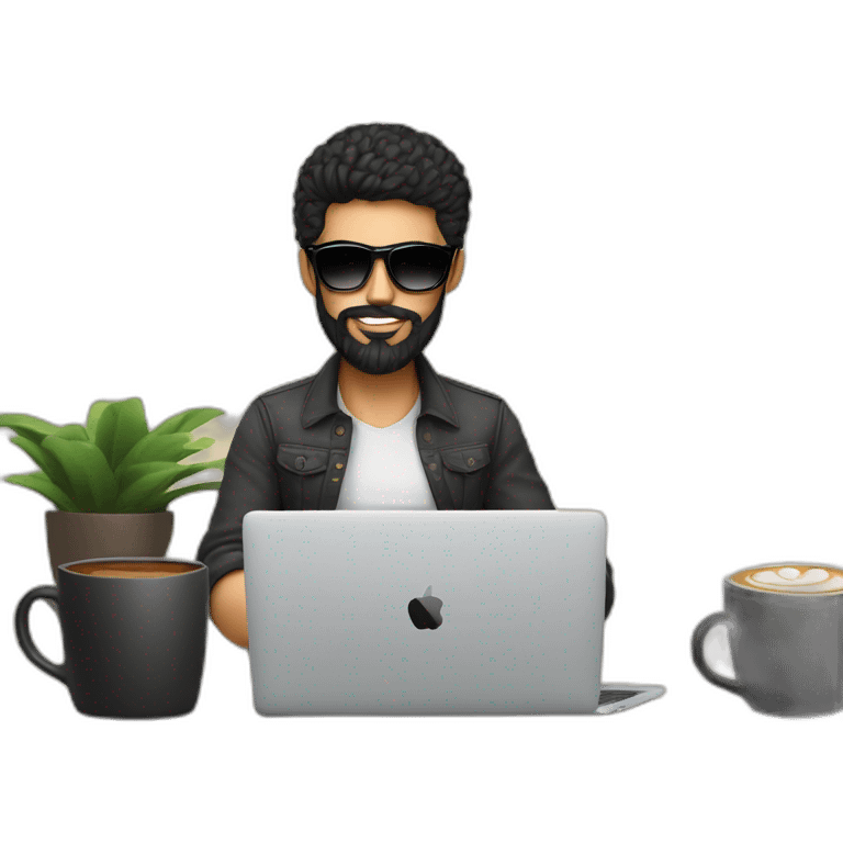 Designer with black hair, beard and round sunglasses working with MacBook and drinking cappuccino  emoji