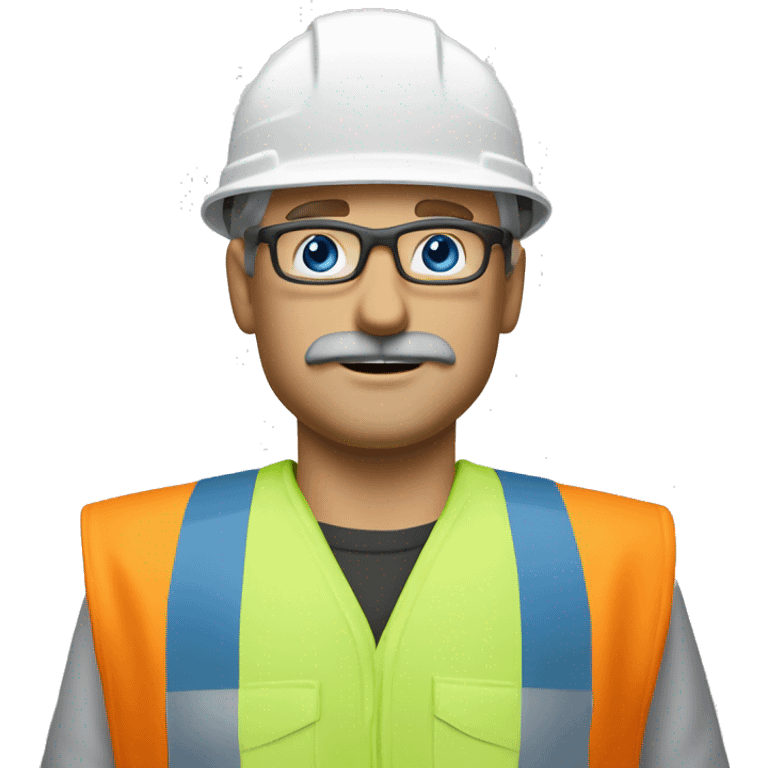 dirty blonde man, thin face, no beard but with mustache, blue/green eyes, glasses, wearing white hard hat that says ”gmc” in orange letters, orange safety vest, blue shirt emoji