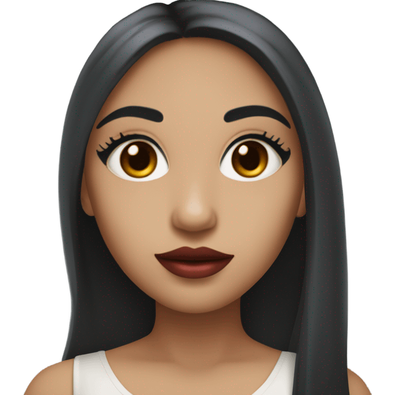 Girl with long black hair, big eyes, small nose, brown eyes, soft arched eyebrows, long eyelashes, black eyeshadow, red lipstick  emoji