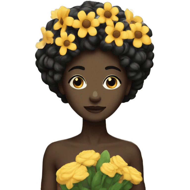 Black skin with black hair holding a lot of flowers emoji