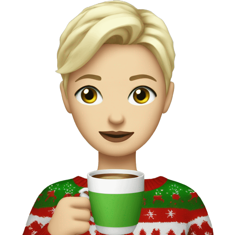 Short haired blonde girl with green eyes drinking coffee wearing Christmas sweater emoji