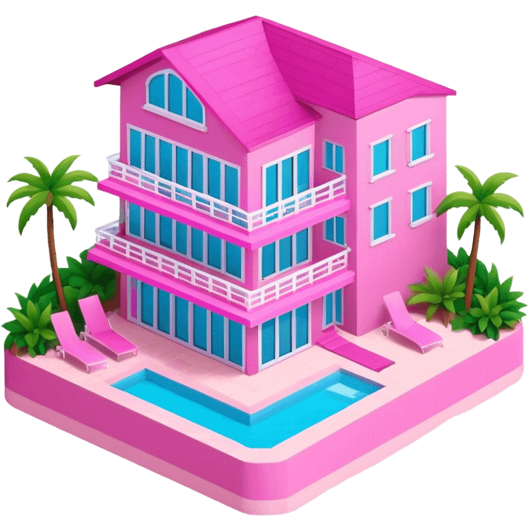 Pink Barbie beachfront mansion, isometric exterior view emoji