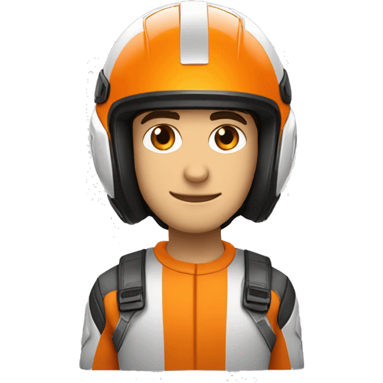 Un jeune homme au teint humain portant un casque de moto de couleur orange et blanc avec la vitre ouverte emoji