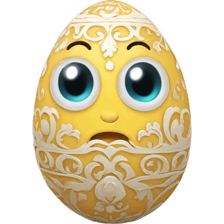 an open egg with intricate ornaments on the shell. Inside the egg, a tiny, adorable [тварина] with a gentle and curious expression gazes out with eyes that sparkle with wonder and discovery. emoji