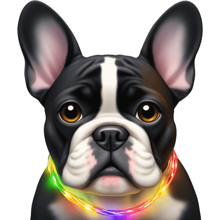 Black and tan French bulldog with Christmas rainbow light string in his mouth  emoji