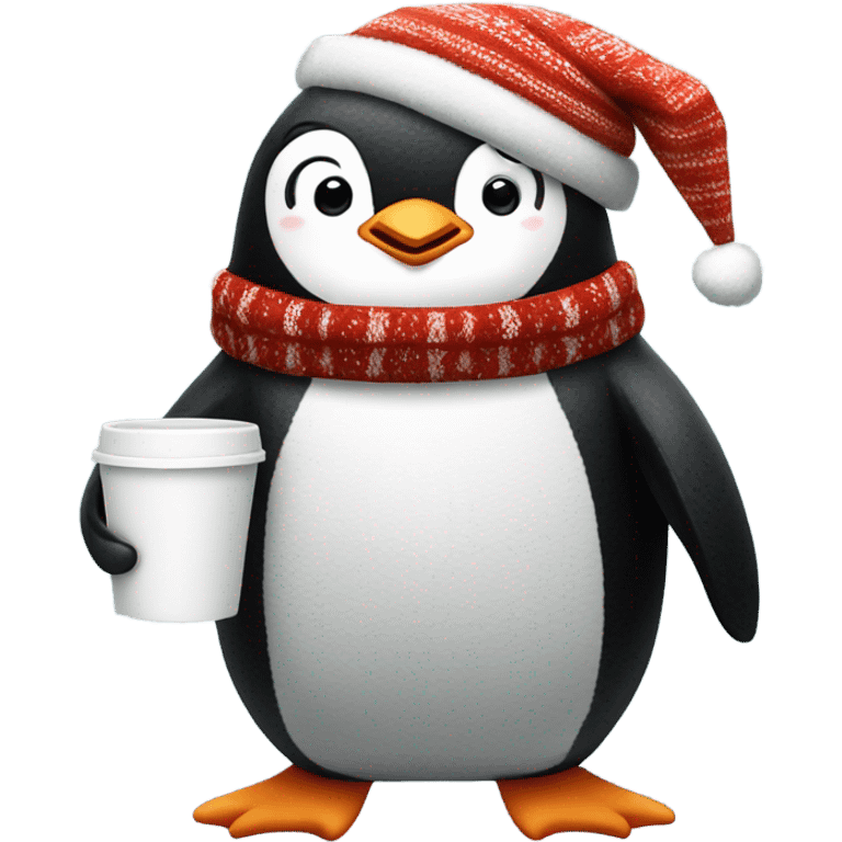 penguin wearing a Christmas sweater full body little arms, holding a coffee cup emoji