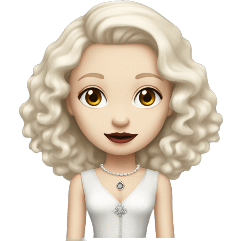 This girl looks like the queen of vampires, she has red eyes, but she is very kind, she has blonde hair, pale skin, big eyes, cheekbones and curly beautiful hair, she likes to dress elegantly, there is a white Chihuahua dog with gray spots emoji