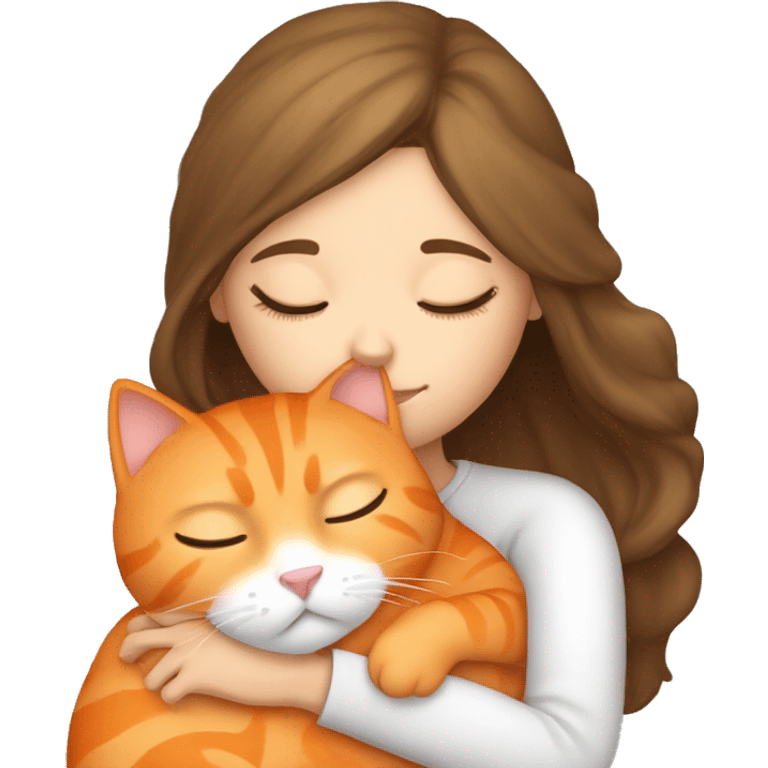 light skinned brunette girl sleeping with a cute orange cat emoji