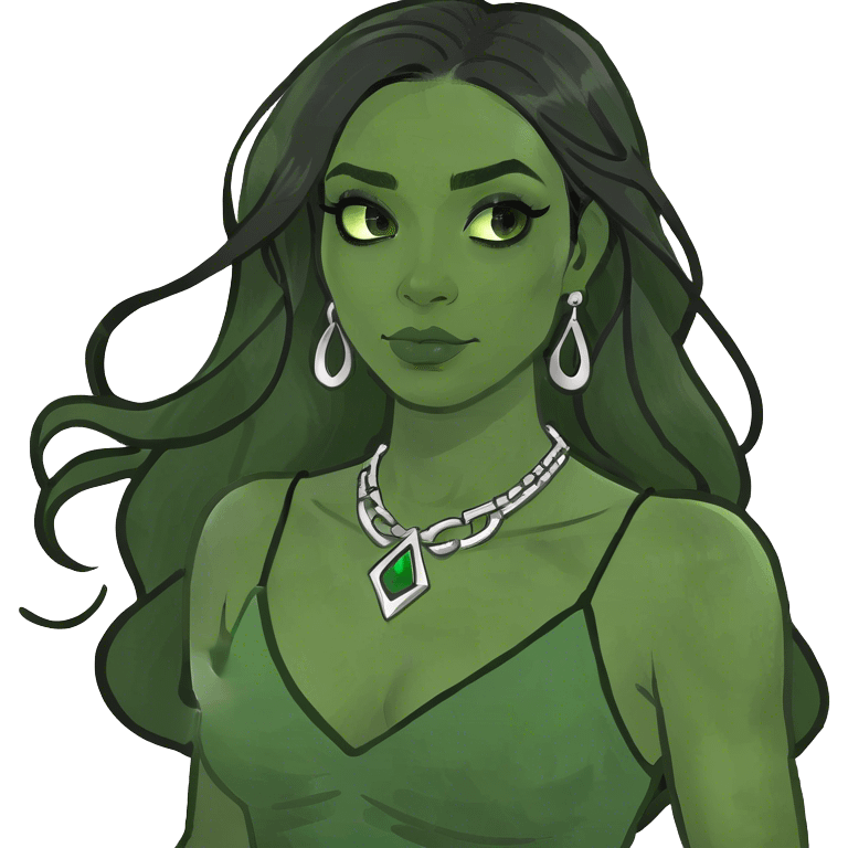 A woman with dark light skin tone and black long hair and green siren eyes emoji