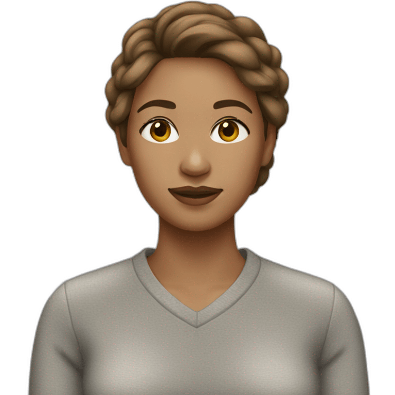 A woman with a light skin, brown hair and a gray pull over emoji