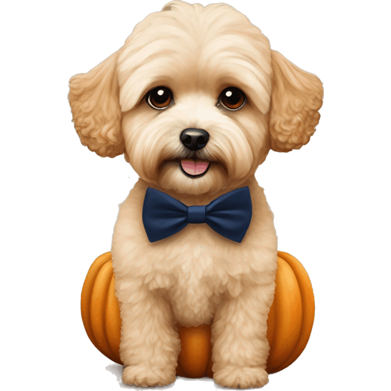 apricot maltipoo sitting on a large pumpkin wearing a navy blue bow tie emoji