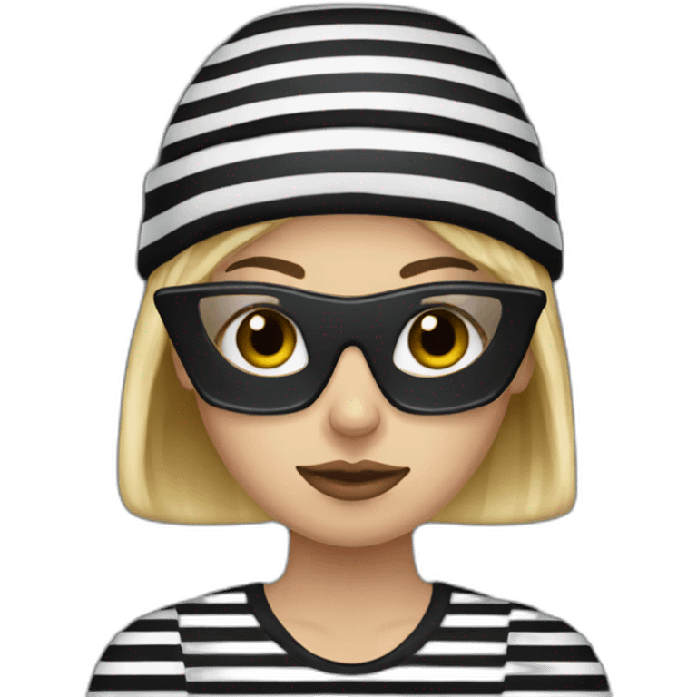 bank robber blonde woman with black beanie hat eye mask and striped shirt emoji