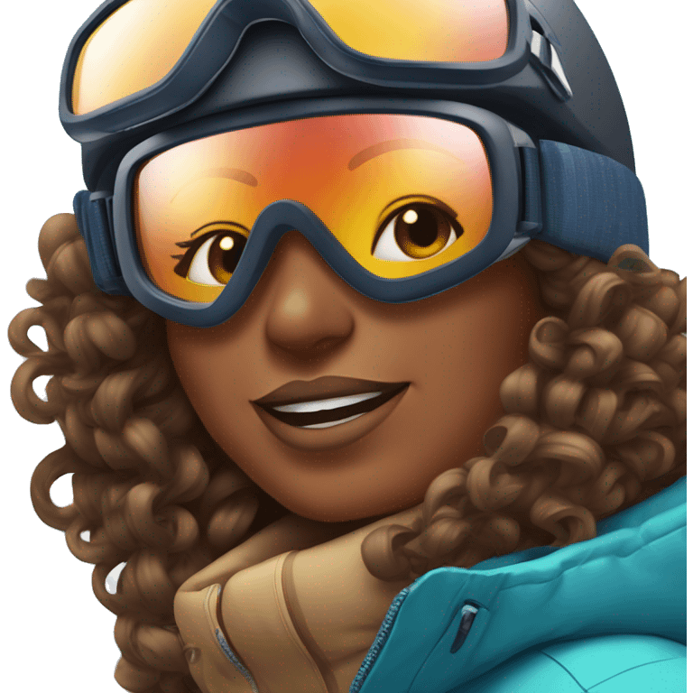 Brown skin plus size women with curly straight hair snowboarding with snow googles with snow background  emoji