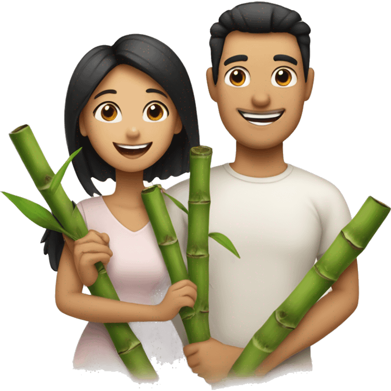 With white skin and black hair and happy face, mom, dad and daughter holding bamboo emoji