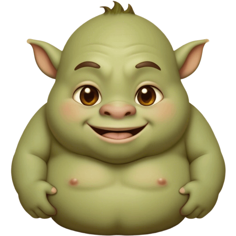 Cinematic Cute Ogre Portrait Emoji, with a surprisingly endearing, plump and huggable figure in soft earthy greens and browns, featuring big, kind eyes and a bashful smile, simplified yet irresistibly adorable, highly detailed with a soft glowing outline that captures the charm of a friendly giant who seems ready for a warm hug! emoji