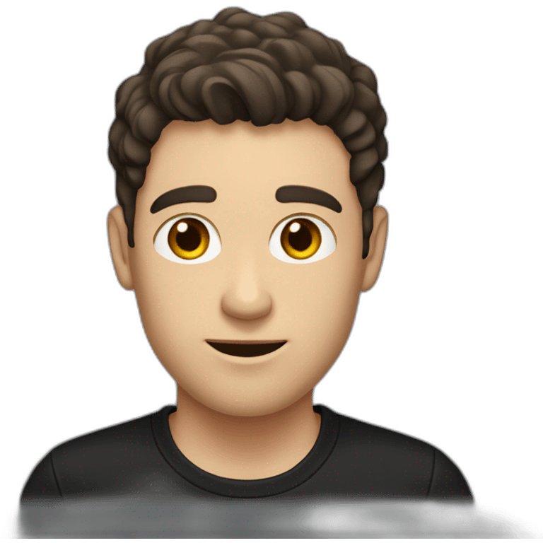 a slim white man with messy short dark brown hair, with a black t-shirt, side ears emoji