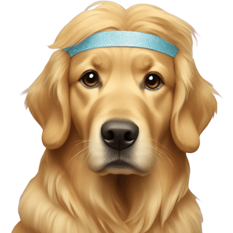 Golden Retriever wearing a 2025 headband emoji